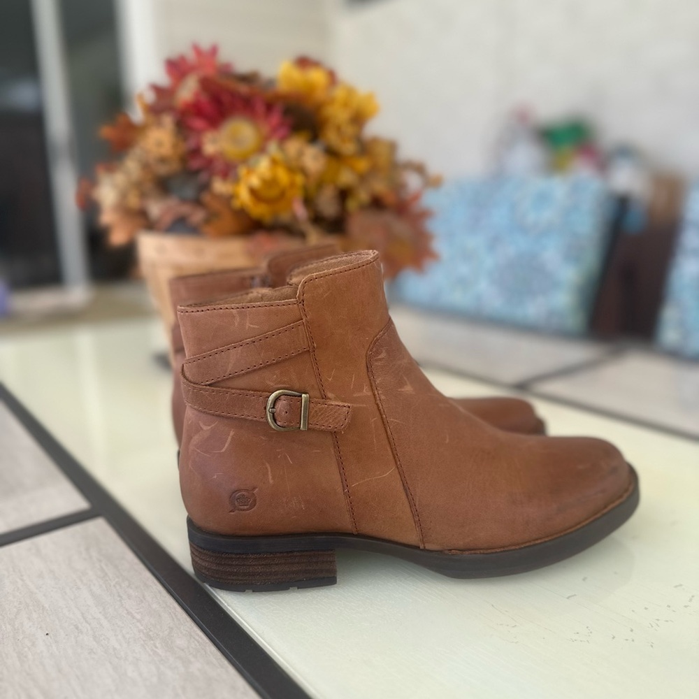 Born Women's Cognac Brown Leather Ankle Boots with Side Buckle